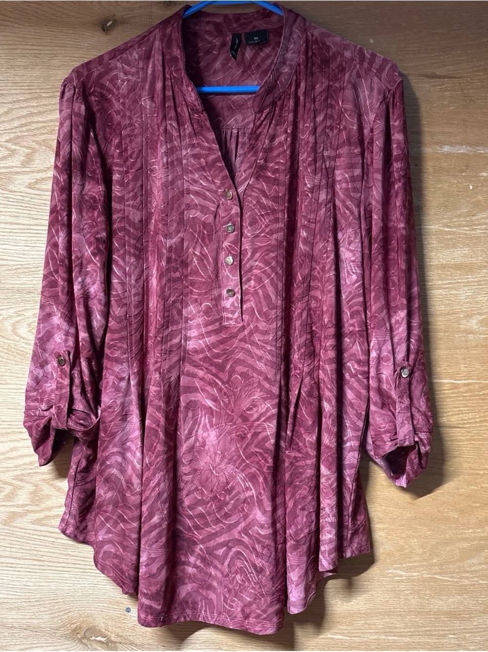 new directions Burgundy V-Neck Henley Tunic with Subtle Swirl Print